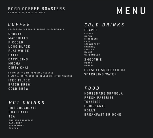 Pogo Coffee Cafe Menu Adelaide